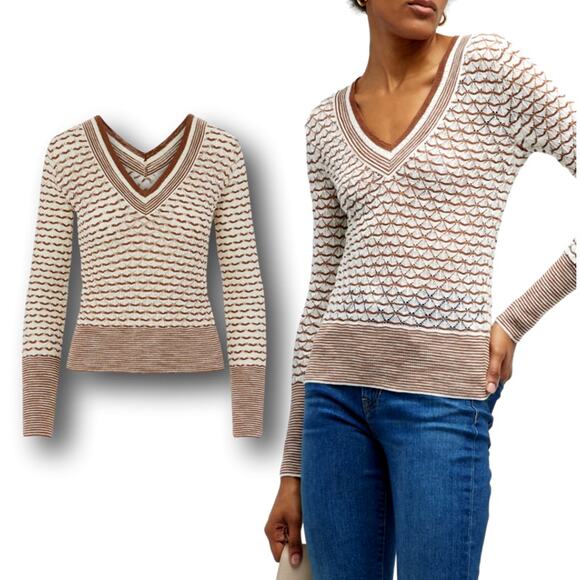 Veronica Beard Sweaters - Veronica Beard V-Neck Zinya Sweater Small Striped Crochet Knit V Neck Pullover